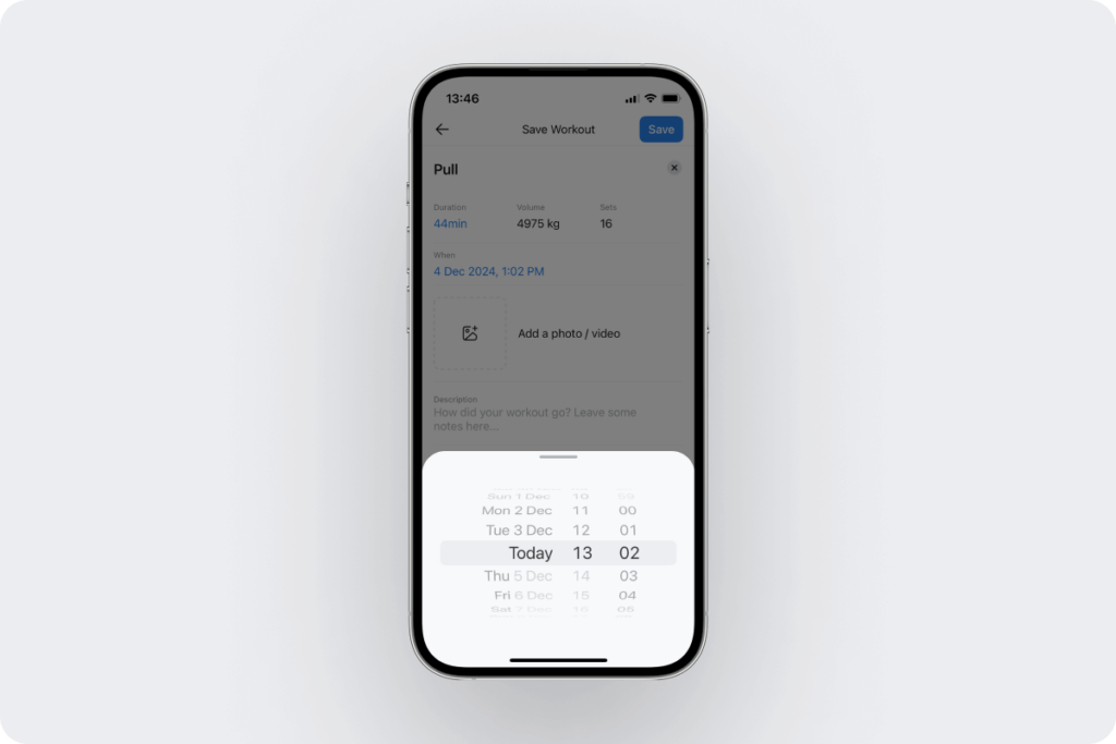 a look at the option to change a workout's start date and time before marking it as completed in Hevy
